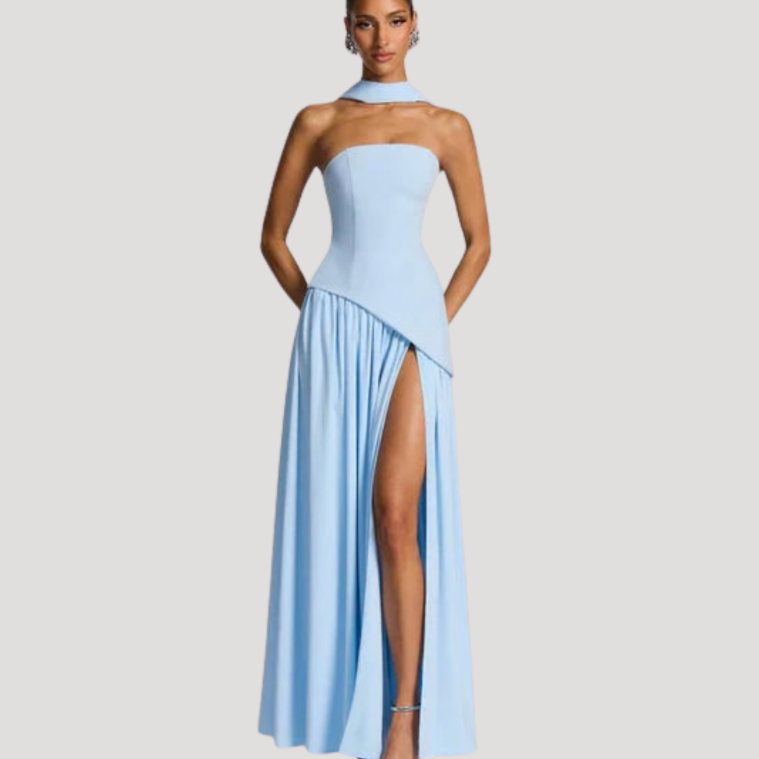 Women's Strapless High-Slit Evening Maxi Dress with Scarf Detail