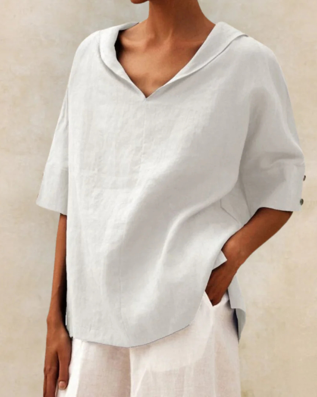 Women’s Relaxed V-Neck Blouse with Rolled Short Sleeves