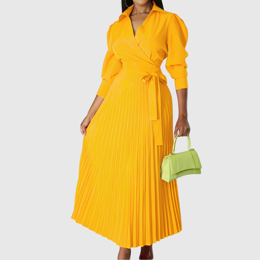 Women's Pleated Wrap Maxi Dress with Tie Waist