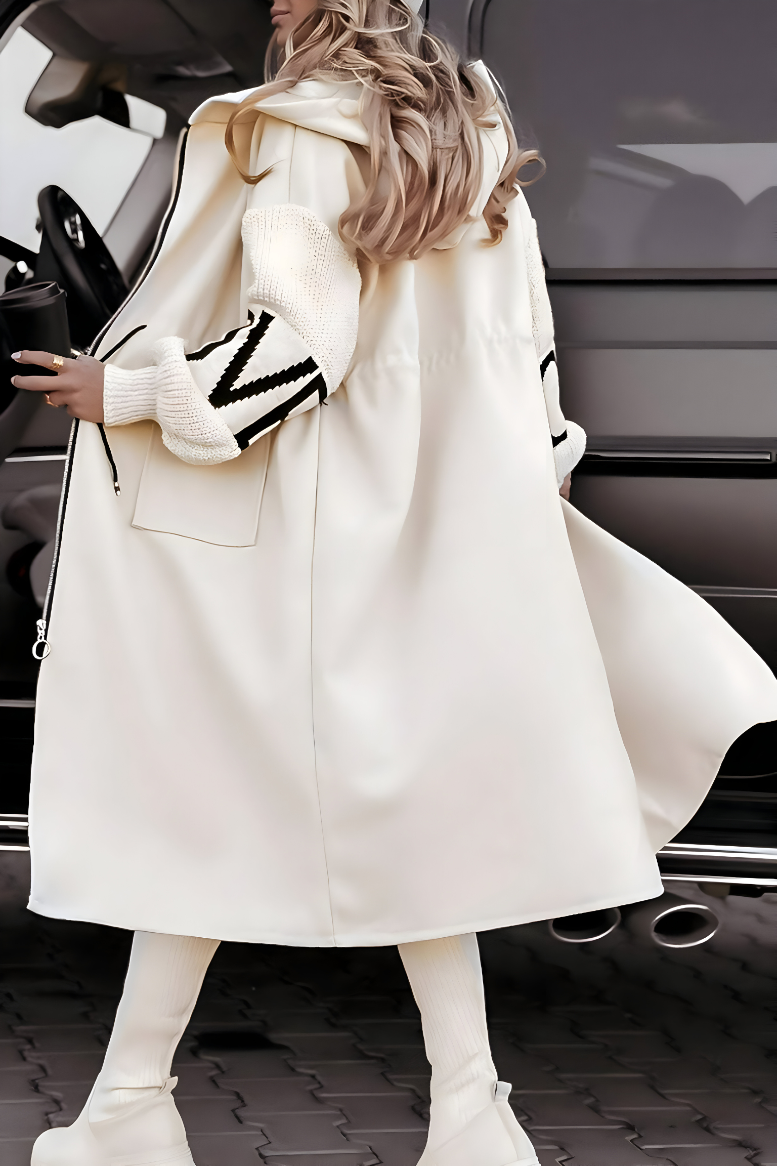Women's Long Hooded Zip Coat with Contrast Sleeve Detail