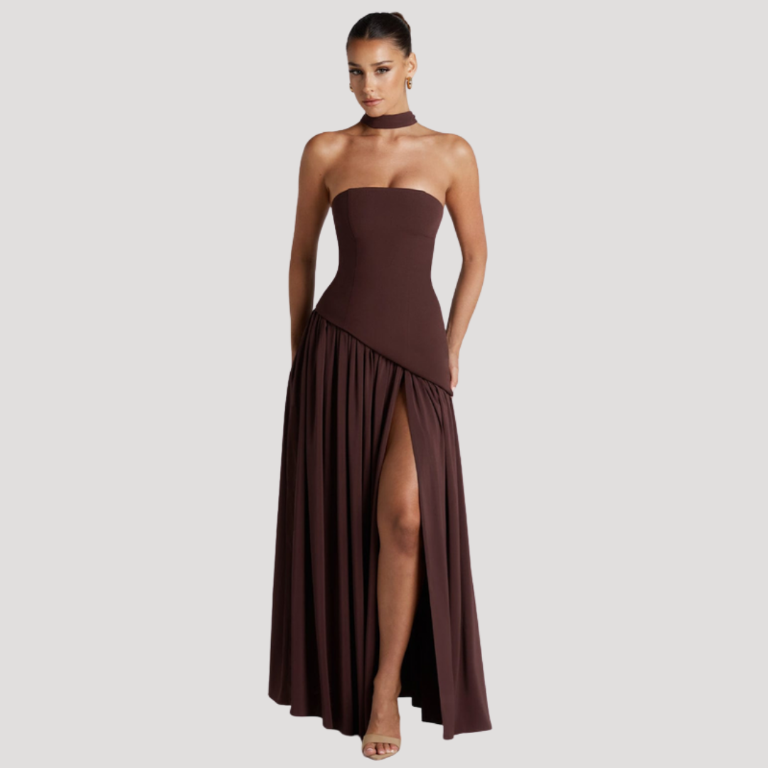 Women's Strapless High-Slit Evening Maxi Dress with Scarf Detail