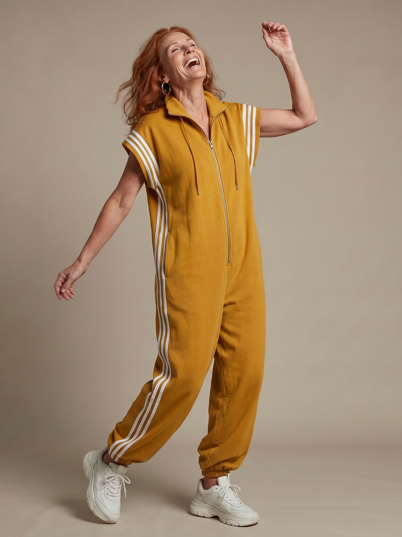 Women's Retro Zip-Up Jumpsuit with Side Stripes