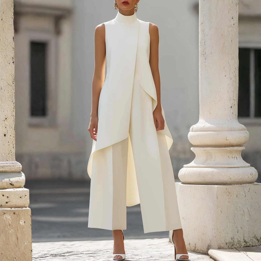 Women's Sleeveless Turtleneck Asymmetric Drape Jumpsuit