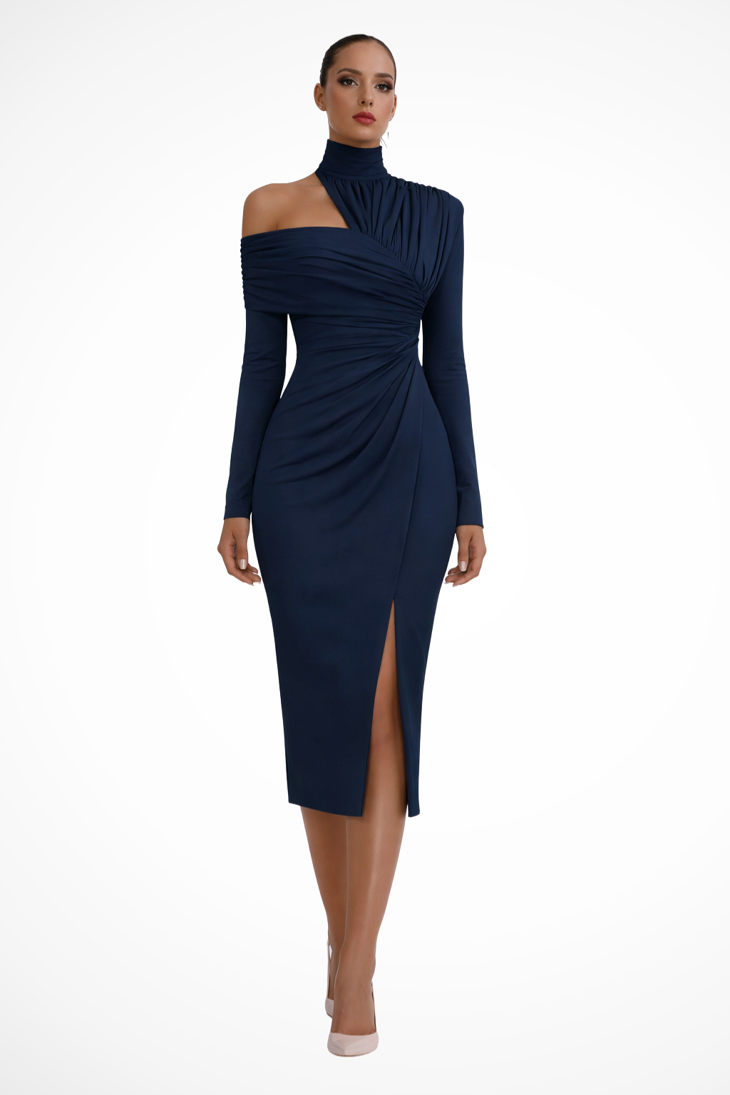 One-Shoulder Ruched Midi Dress for Women with Bodycon Silhouette