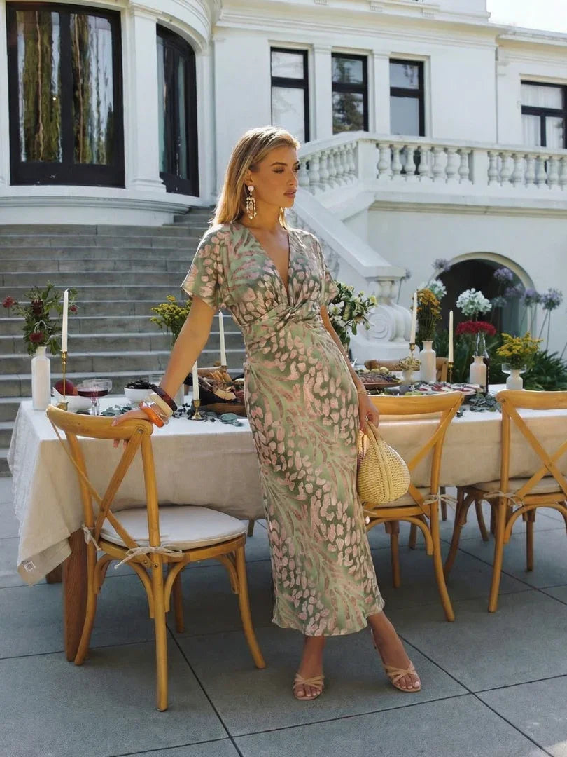 Women's Printed Twist Front Maxi Dress with Flutter Sleeves