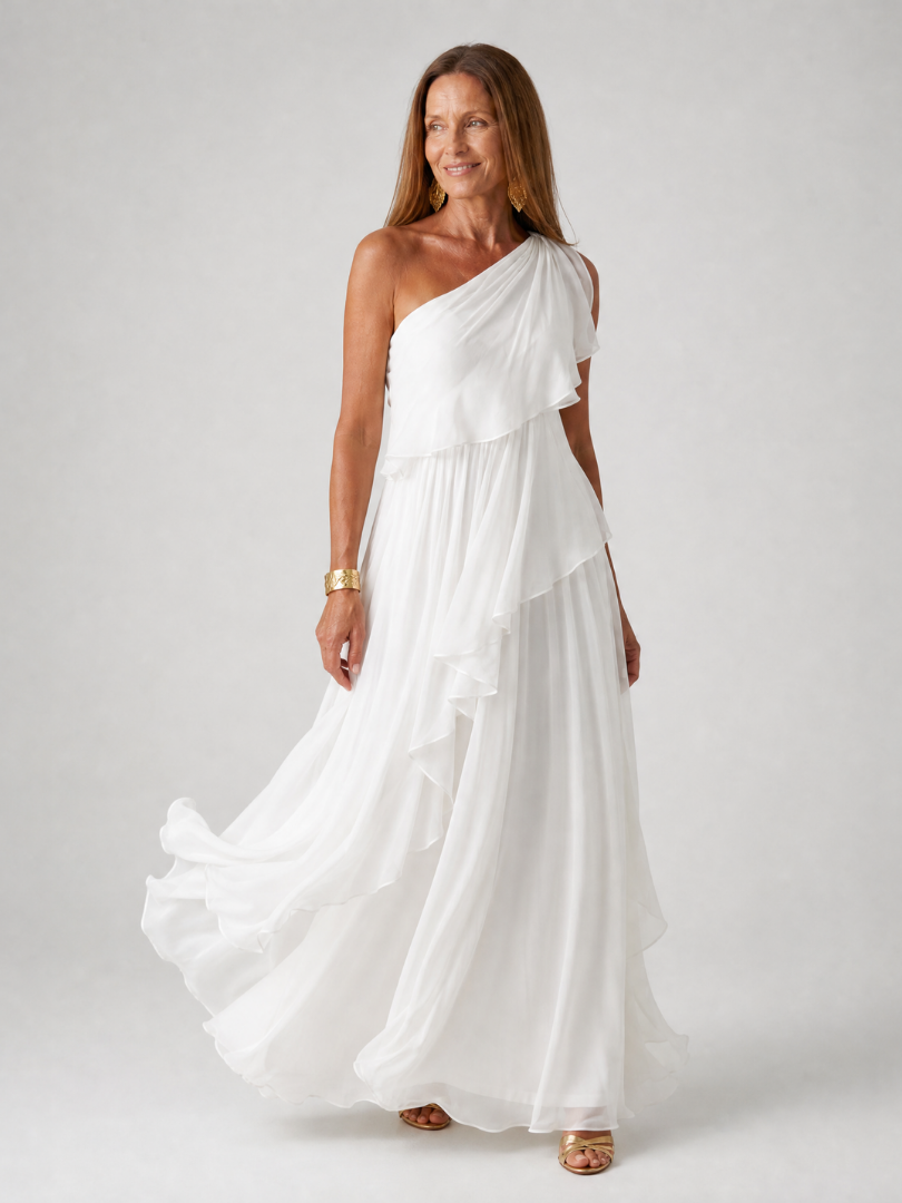 Women’s One Shoulder Maxi Dress with Layered Ruffle Skirt