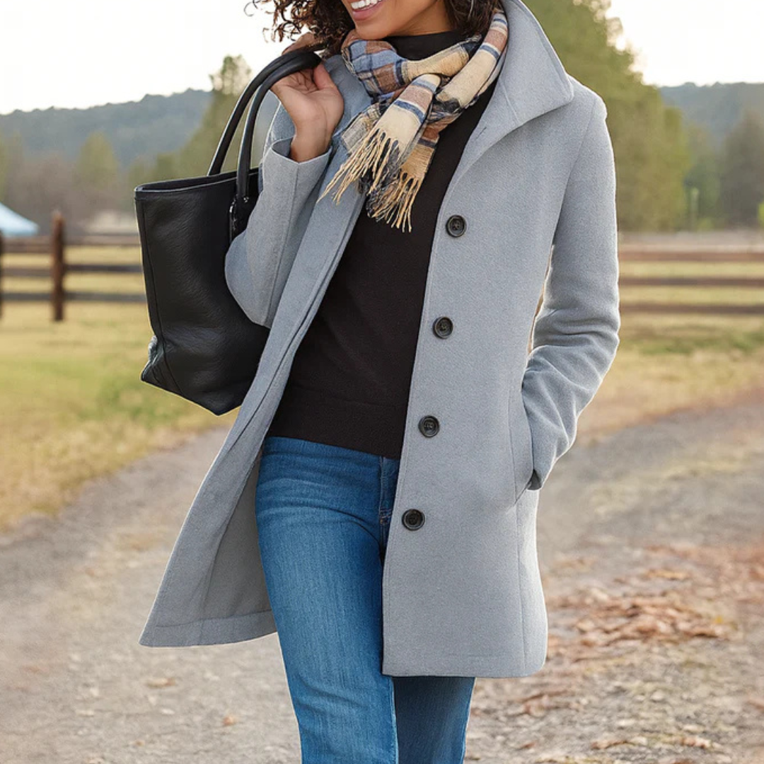 Women's Classic Button-Front Coat with Lapel Collar