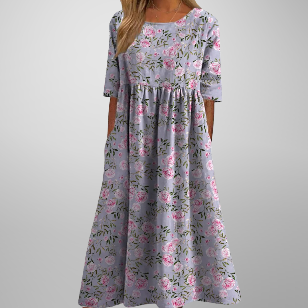 Women's Floral Print Midi Dress with Round Neck