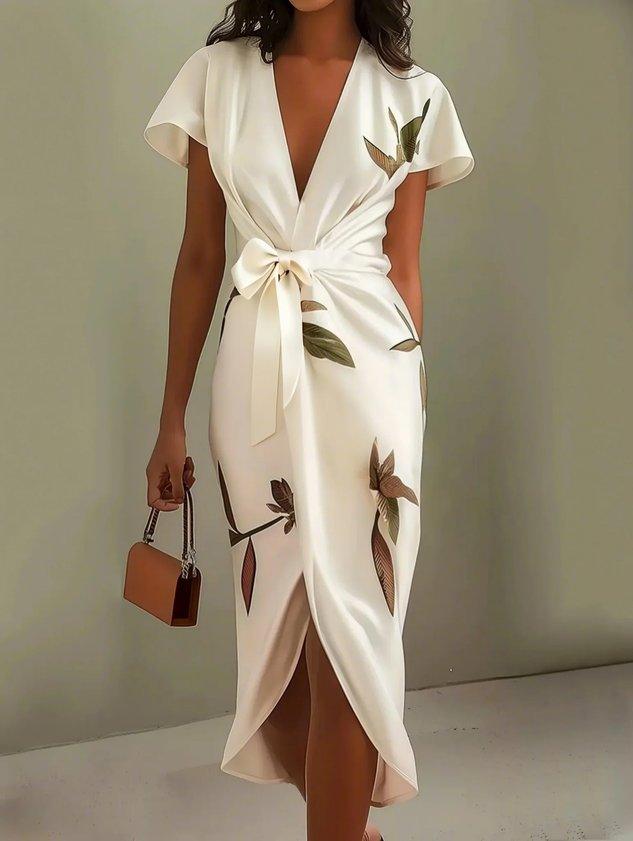 Women's Floral Wrap V-Neck Midi Dress