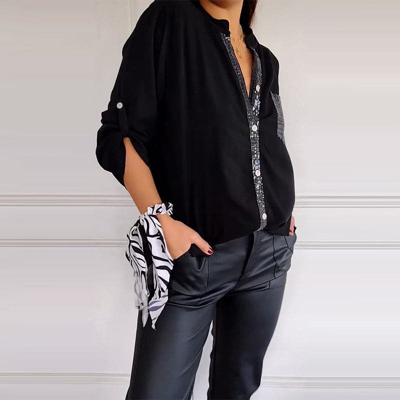 Women's Sequin Pocket Button-Up Blouse