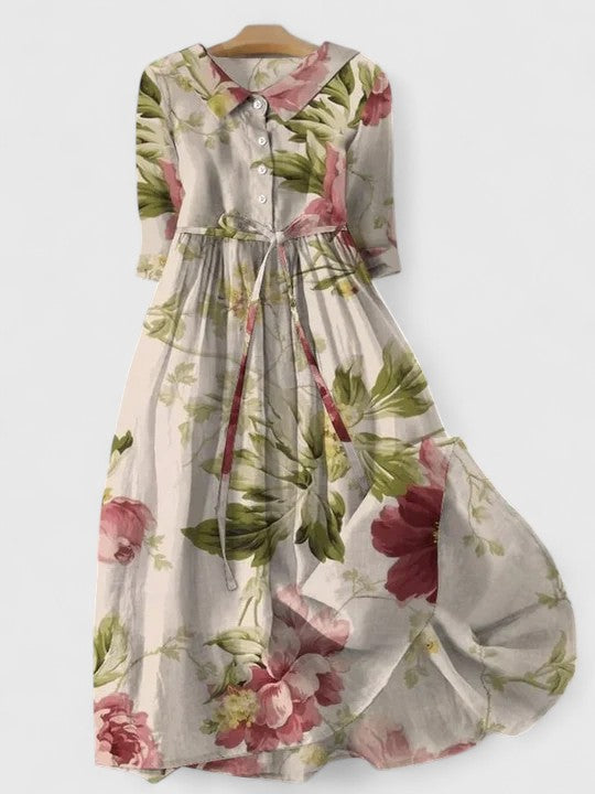 Women's Vintage Floral Print Tie-Waist Midi Dress