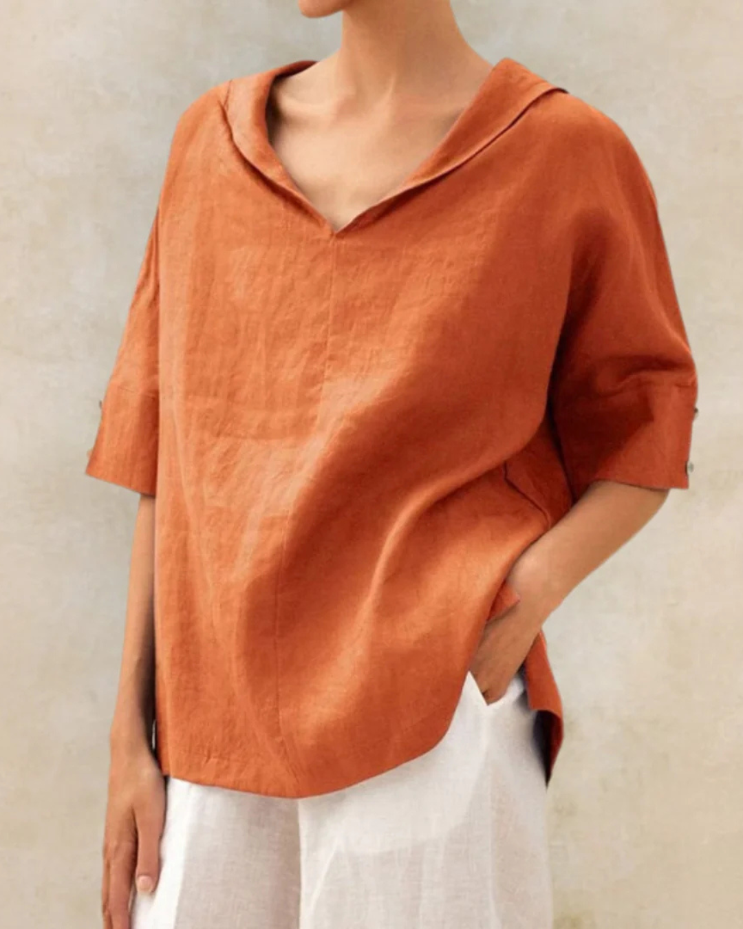 Women’s Relaxed V-Neck Blouse with Rolled Short Sleeves