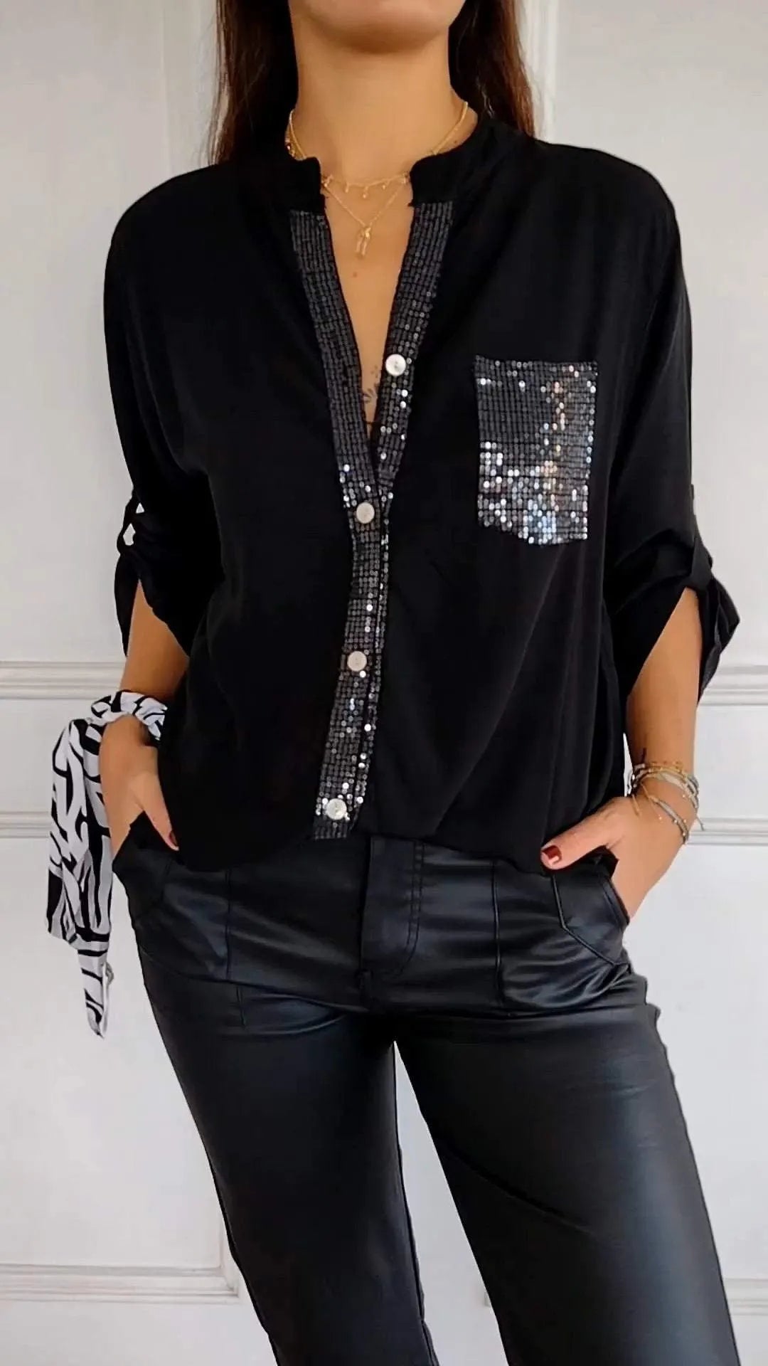 Women's Sequin Pocket Button-Up Blouse