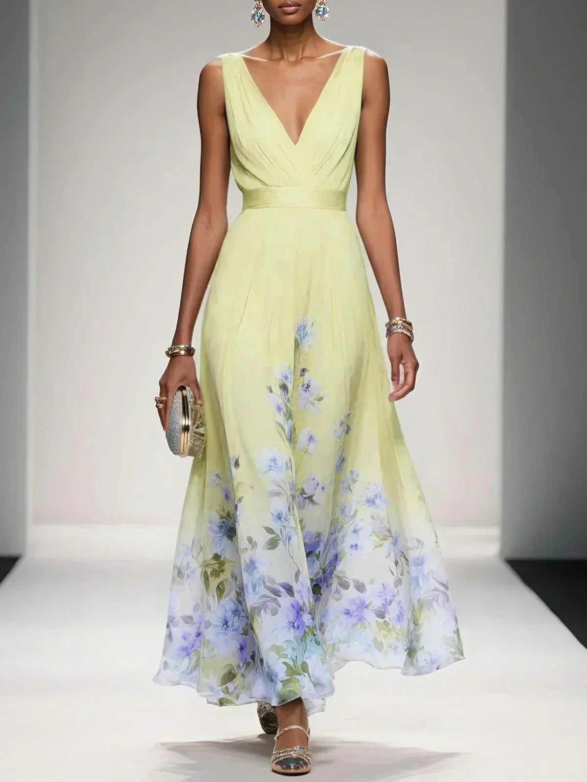 Women’s Floral V Neck Sleeveless Maxi Dress with Flowing Silhouette