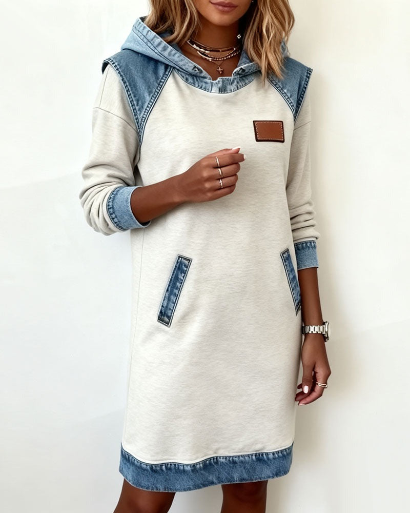 Women's Hooded Denim Trim Sweatshirt Dress