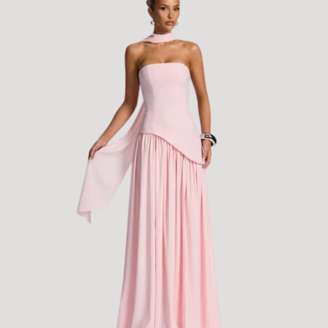 Women's Strapless High-Slit Evening Maxi Dress with Scarf Detail