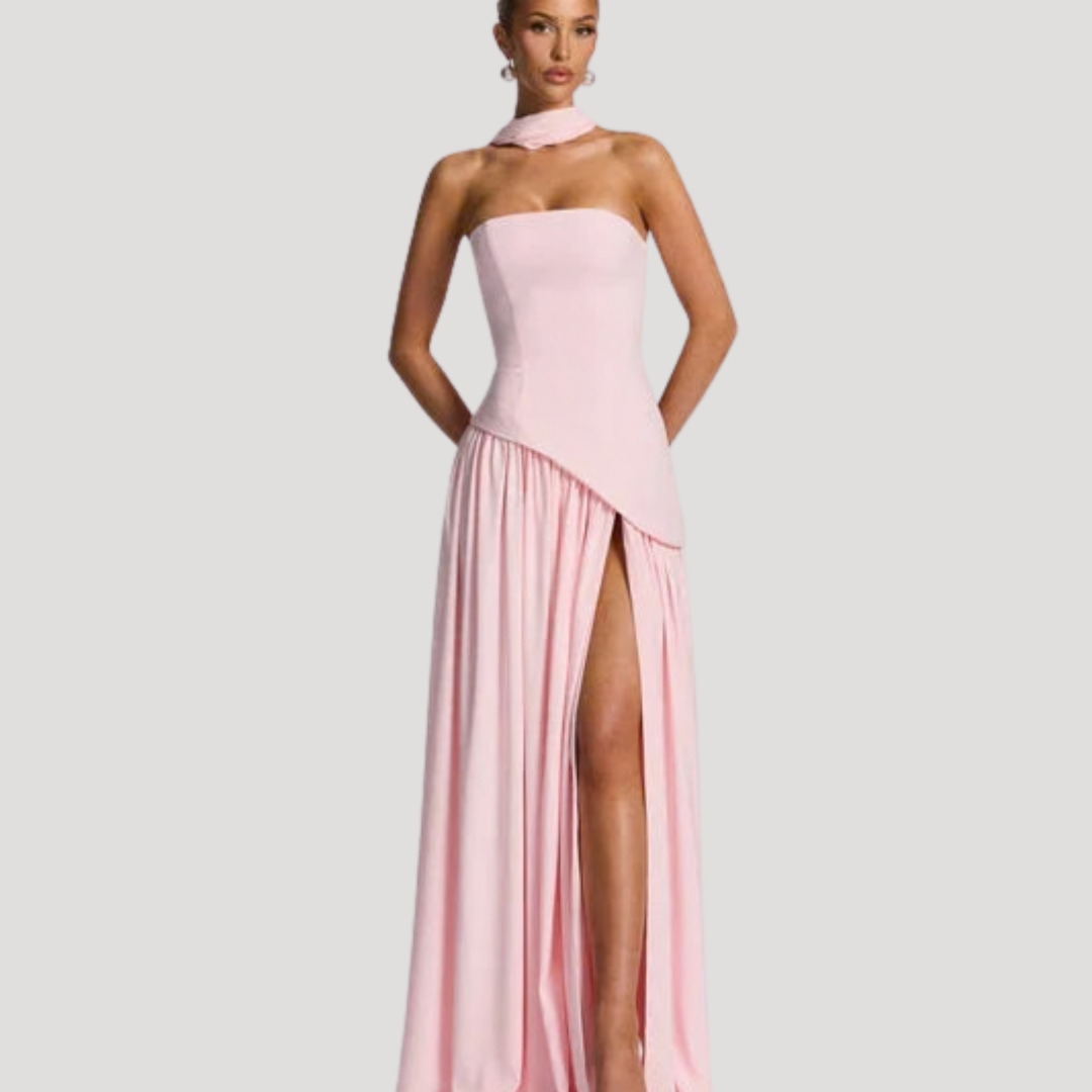 Women's Strapless High-Slit Evening Maxi Dress with Scarf Detail