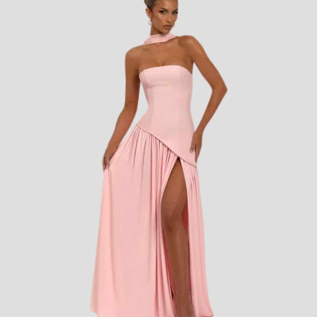 Women's Strapless High-Slit Evening Maxi Dress with Scarf Detail