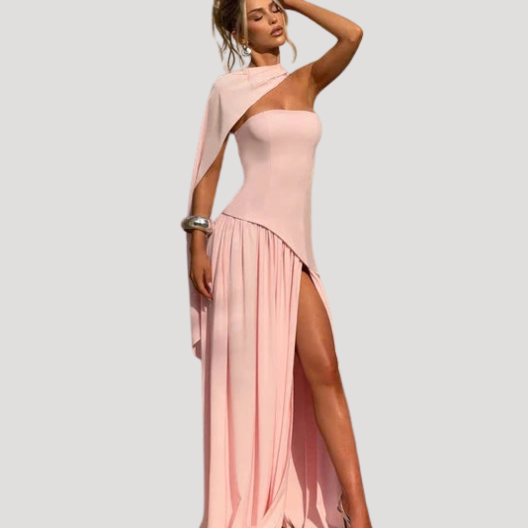 Women's Strapless High-Slit Evening Maxi Dress with Scarf Detail