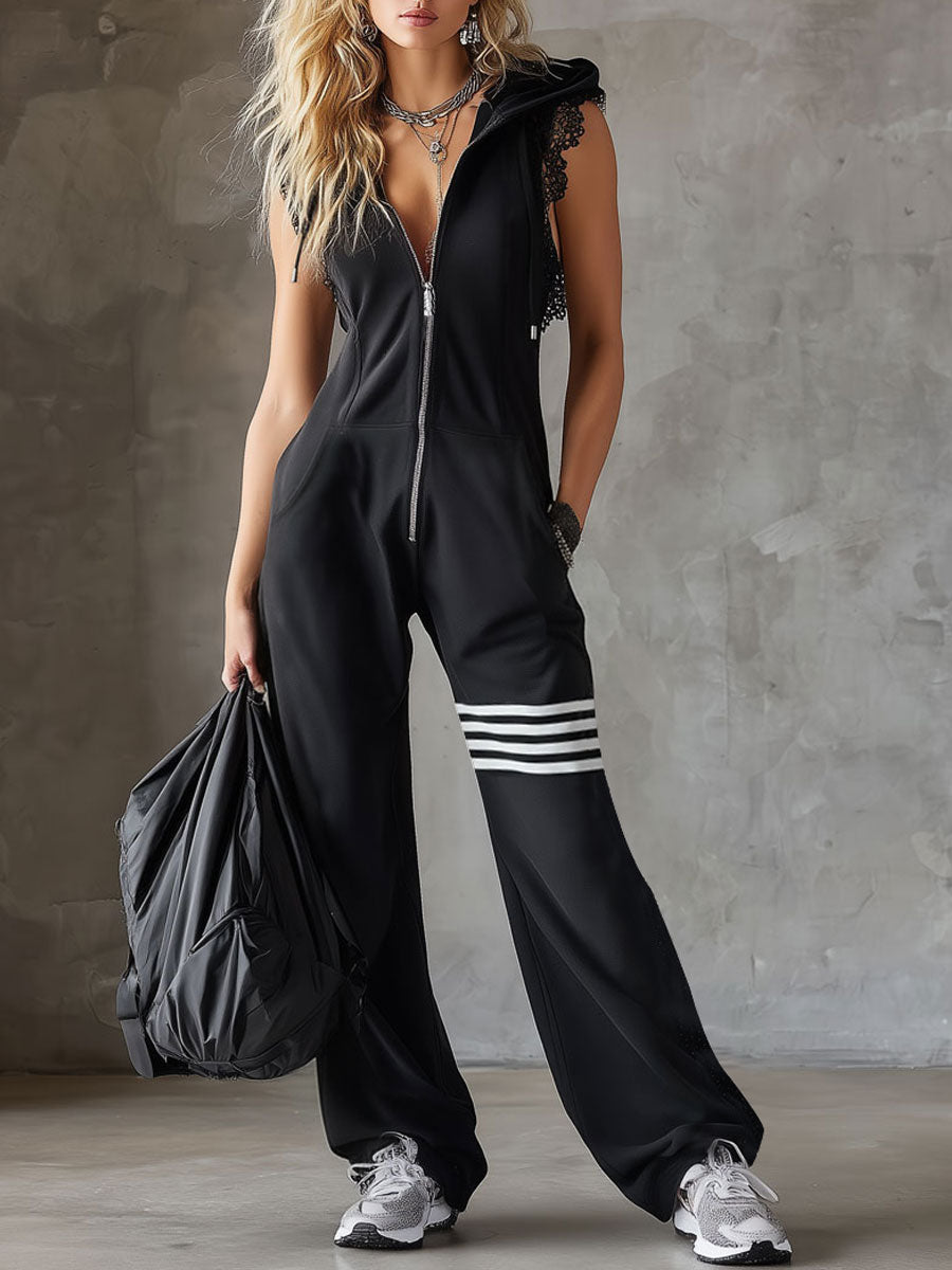 Women's Zip Front Wide Leg Jumpsuit with Sporty Stripe Detail