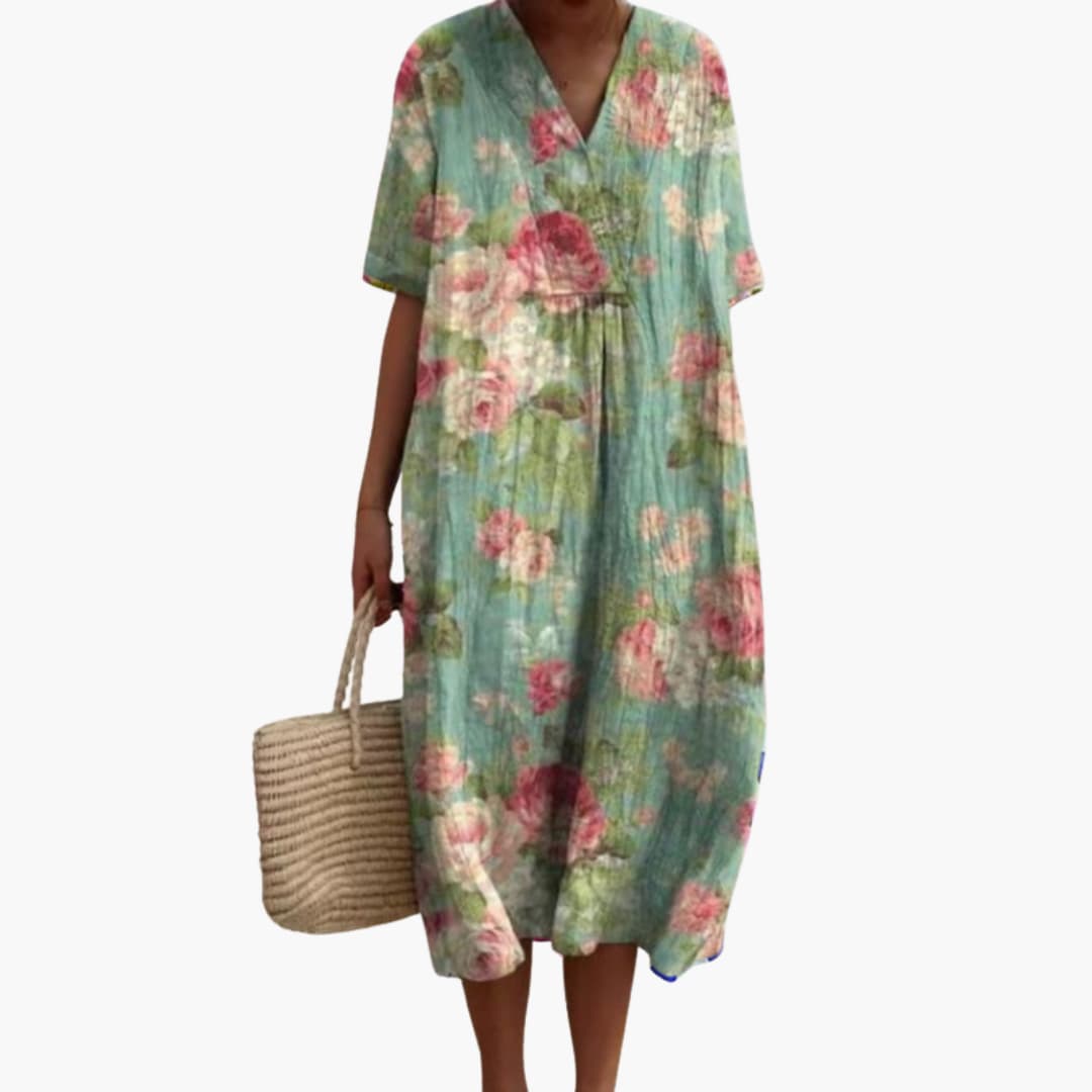 Women's Floral Print Relaxed Midi Dress with Pockets