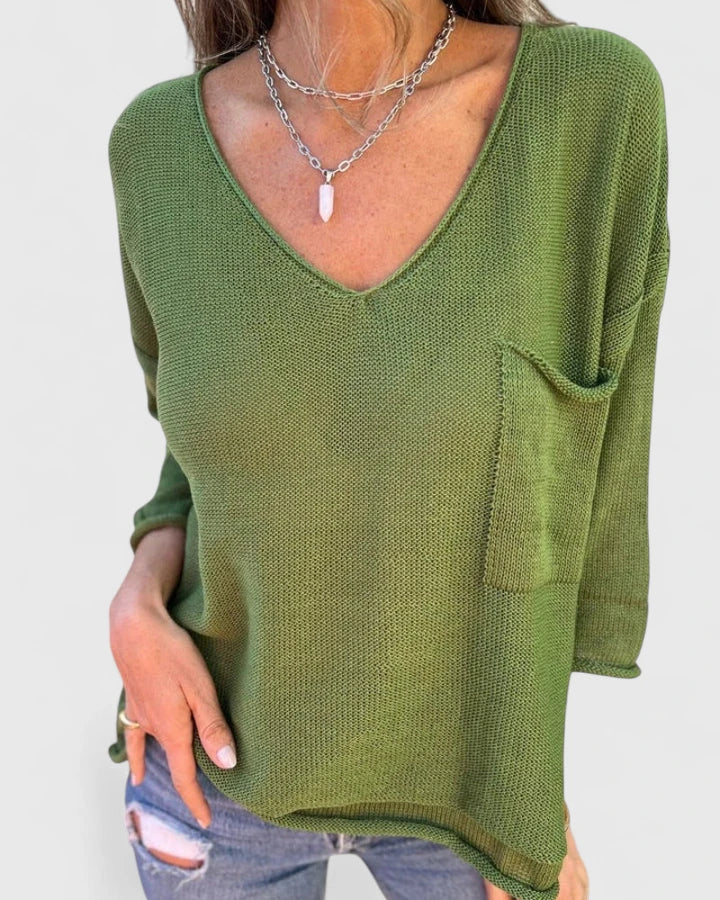 Women's V-Neck Fine Knit Sweater with Chest Pocket