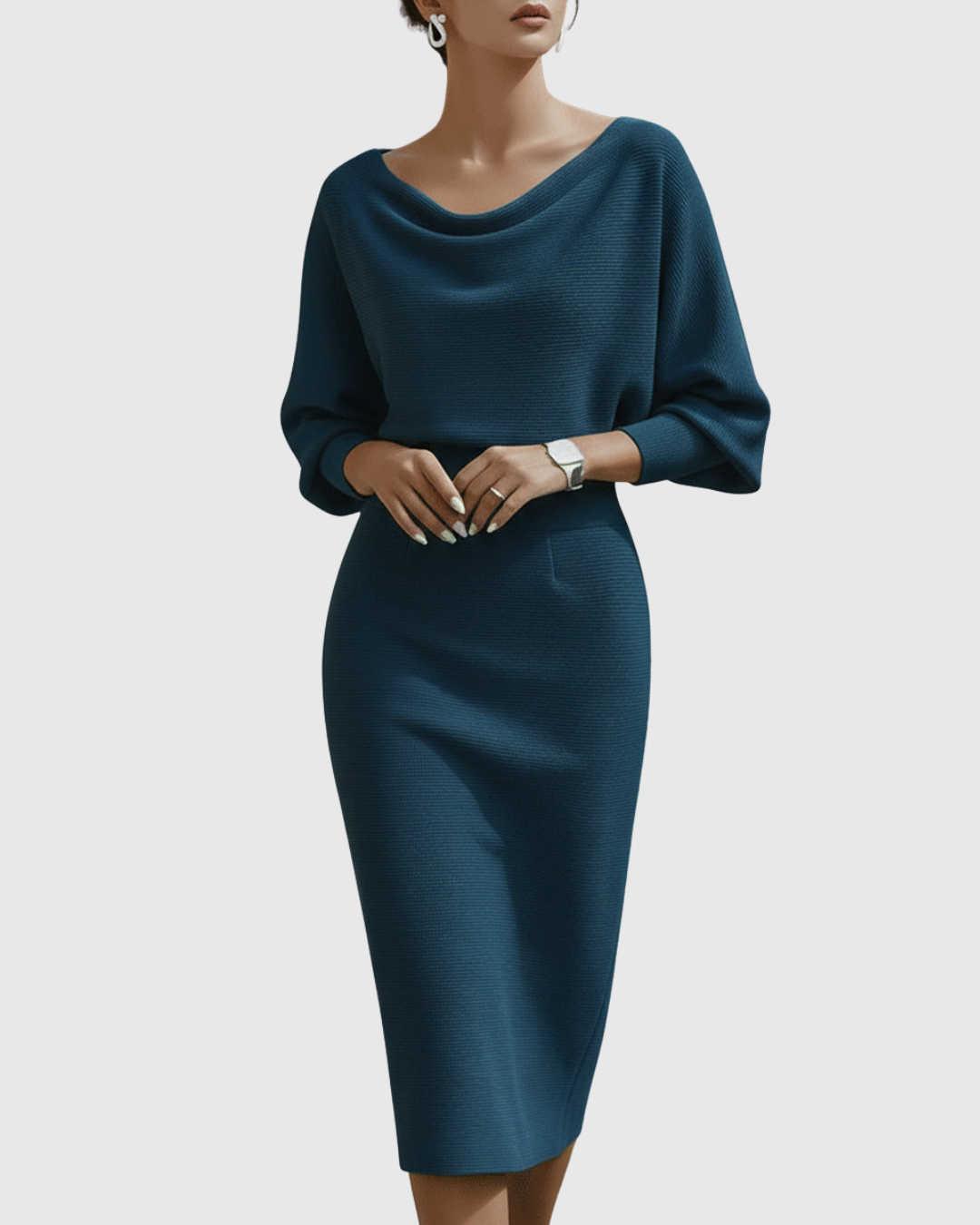 Women's Elegant Draped Neck Bodycon Midi Dress