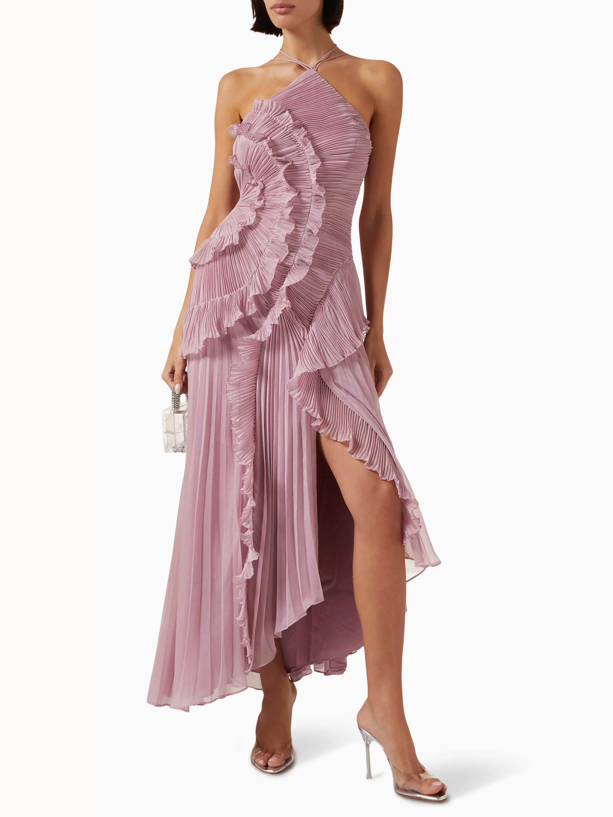 Women’s One-Shoulder Ruffle Maxi Dress with Pleated Asymmetrical Hem