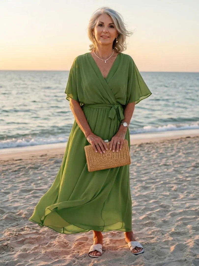Women's V-Neck Draped Waist Tie Midi Dress