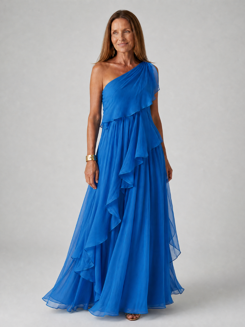 Women’s One Shoulder Maxi Dress with Layered Ruffle Skirt
