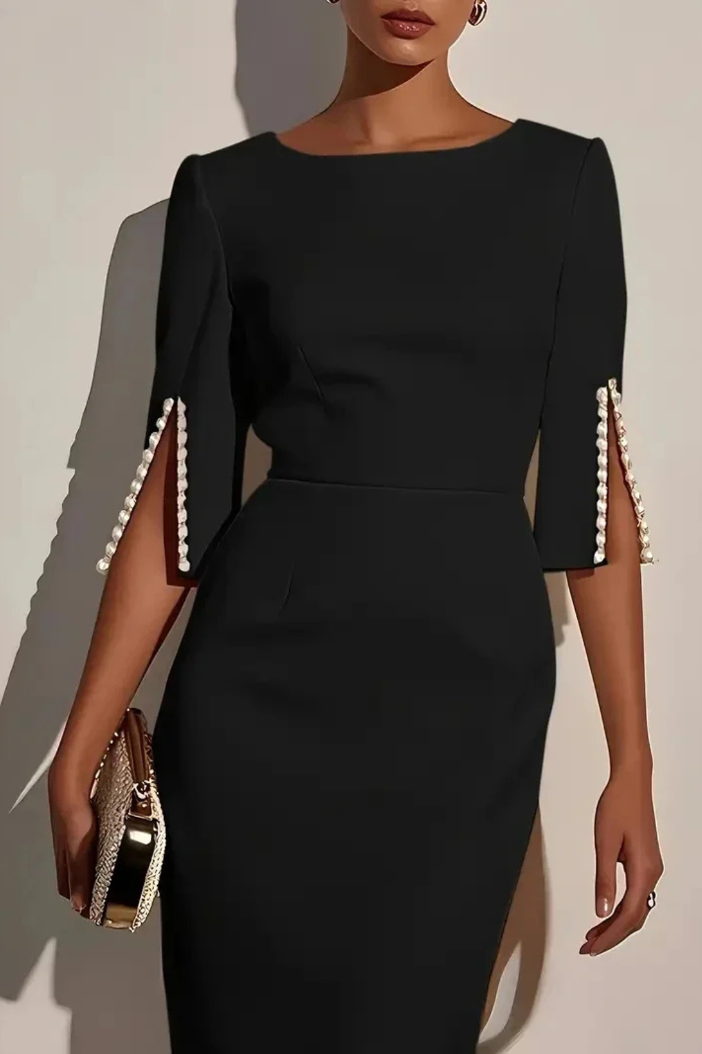 Women’s Elegant Pearl Sleeve Midi Bodycon Dress