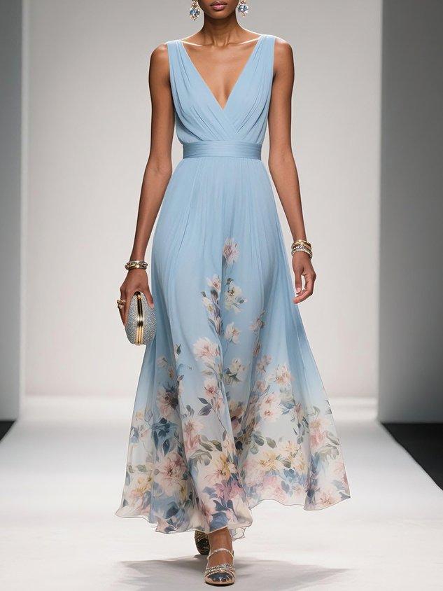 Women’s Floral V Neck Sleeveless Maxi Dress with Flowing Silhouette