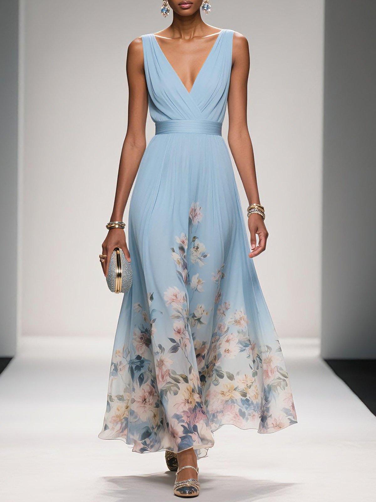 Women’s Floral V Neck Sleeveless Maxi Dress with Flowing Silhouette