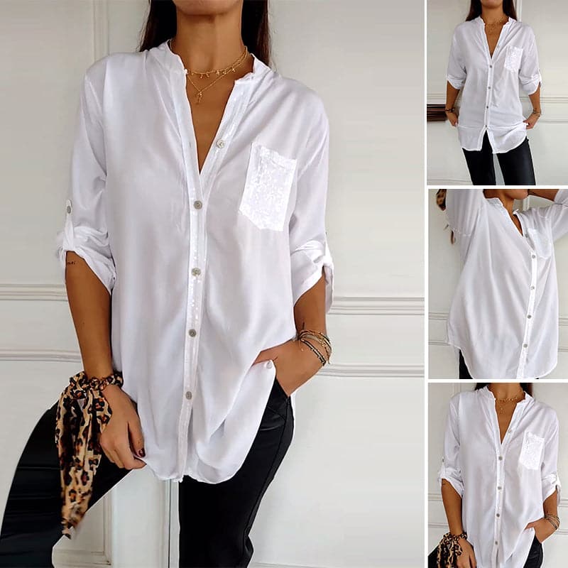 Women's Sequin Pocket Button-Up Blouse