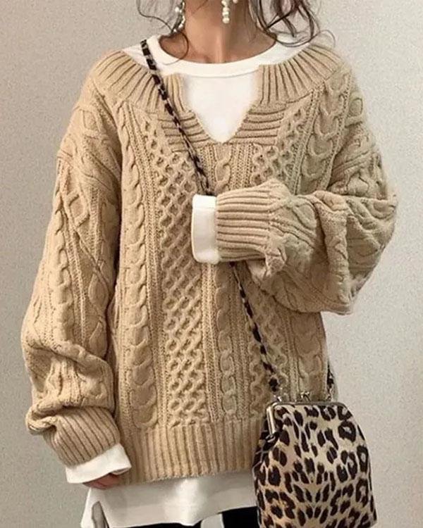 Women's Oversized Cable V-Neck Knit Sweater