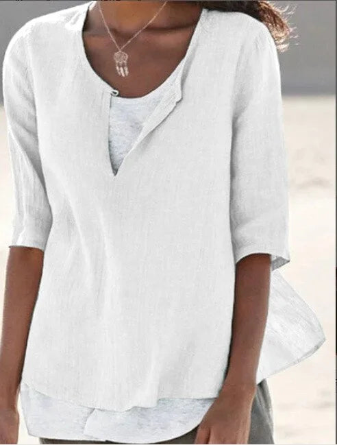 Women’s Relaxed Layered-Look Blouse with V-Notch Neckline