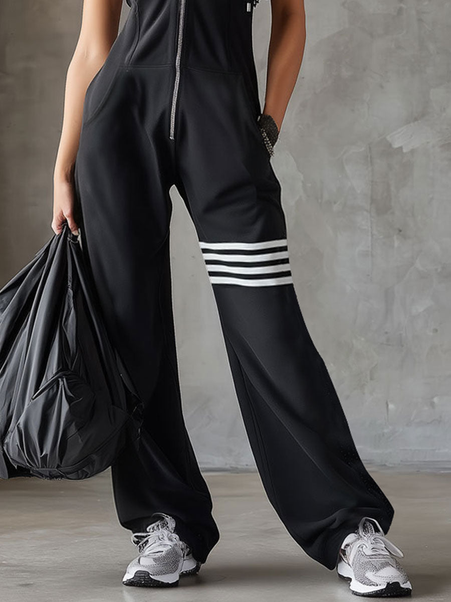 Women's Zip Front Wide Leg Jumpsuit with Sporty Stripe Detail