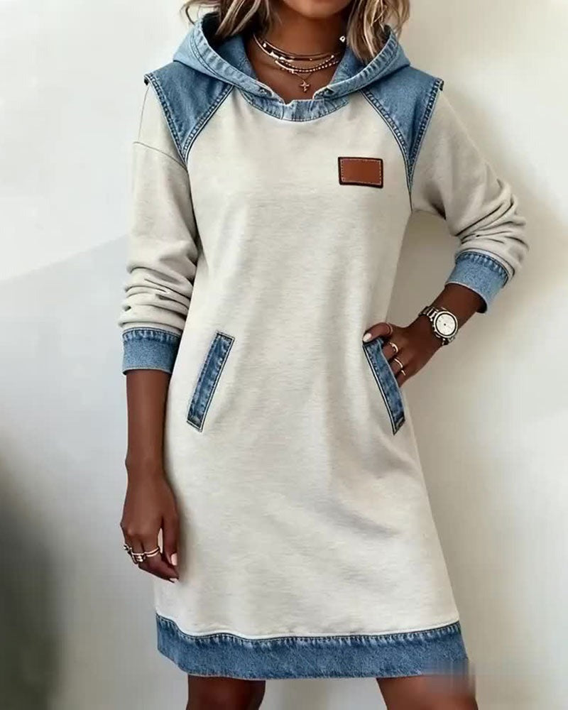 Women's Hooded Denim Trim Sweatshirt Dress