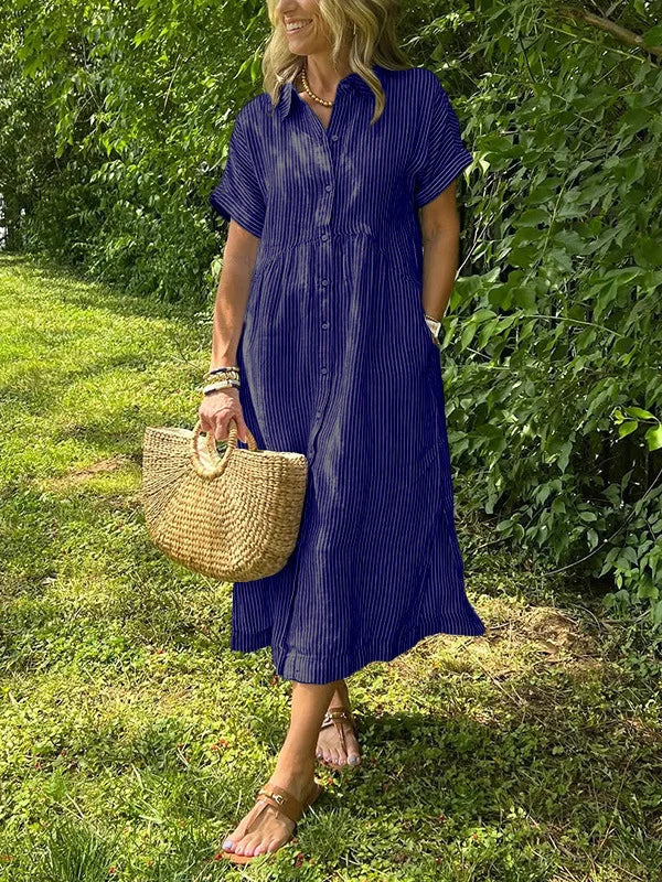Women’s Relaxed Striped Midi Shirt Dress with Button Front and Side Pockets