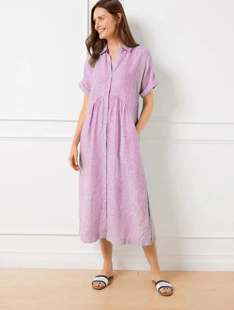 Women’s Relaxed Striped Midi Shirt Dress with Button Front and Side Pockets