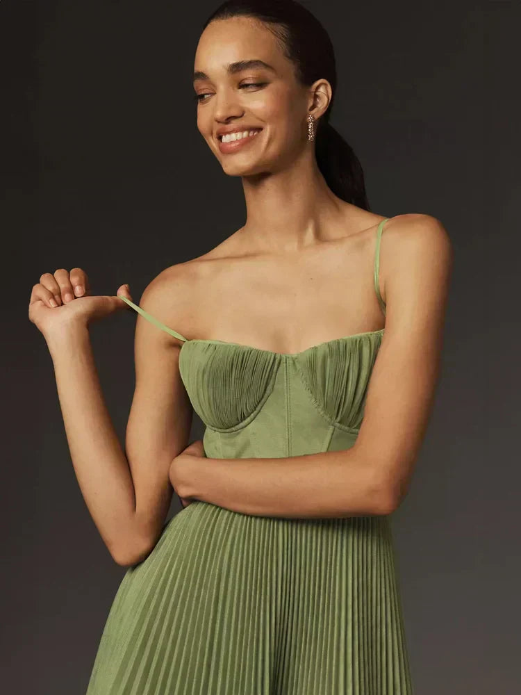 Pleated Bustier Spaghetti Strap Midi Dress