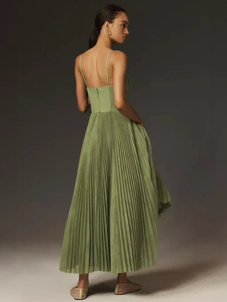 Pleated Bustier Spaghetti Strap Midi Dress