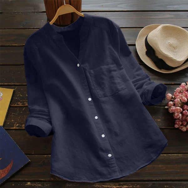 Women’s Relaxed Button-Up Blouse with Roll-Up Sleeves and Chest Pocket
