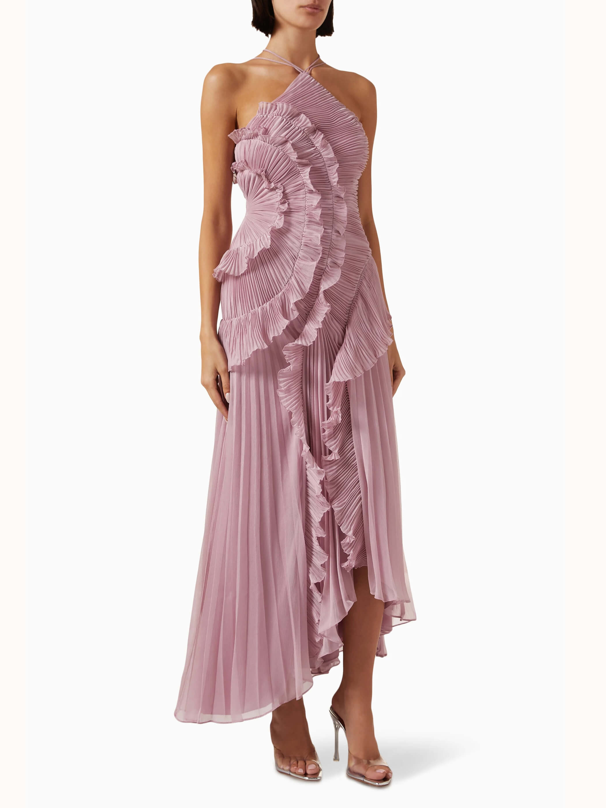 Women’s One-Shoulder Ruffle Maxi Dress with Pleated Asymmetrical Hem