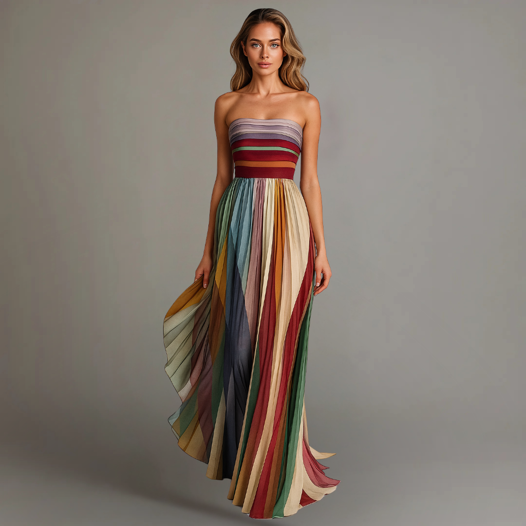 Strapless Pleated Maxi Dress Women Colorblock Flowing