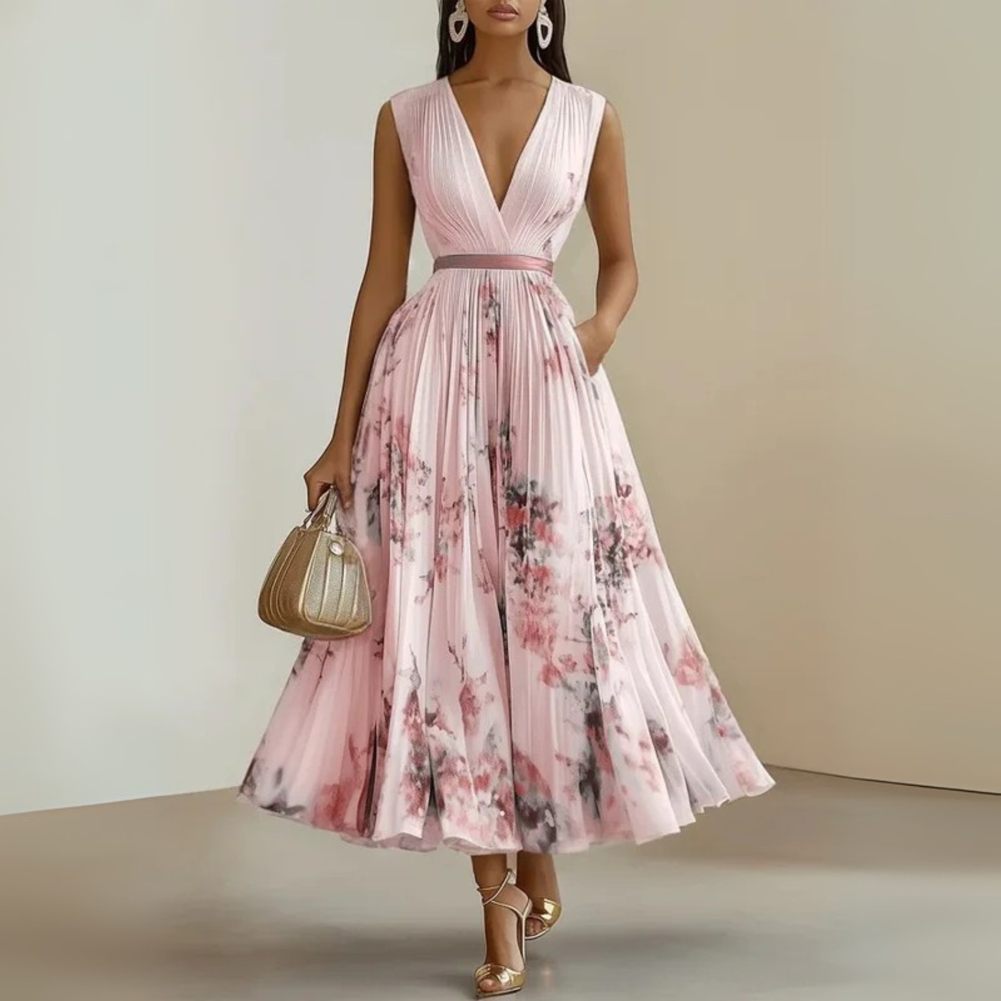 Women's Sleeveless Deep V-Neck Pleated Maxi Dress