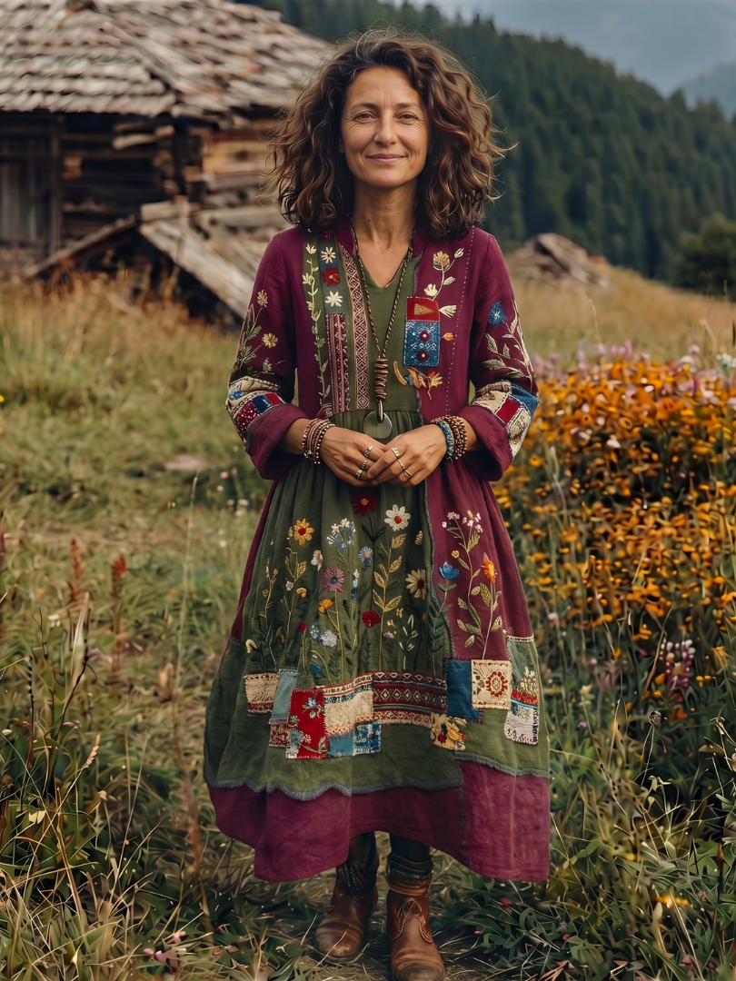 Women's Bohemian Floral Print Long Sleeve Midi Dress