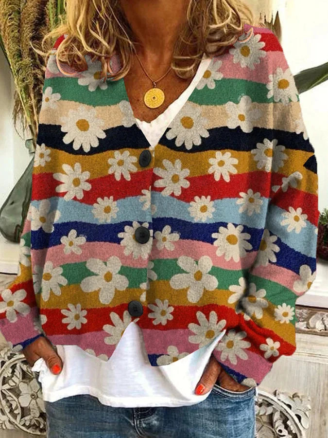Women’s Floral Stripe Button Cardigan Sweater