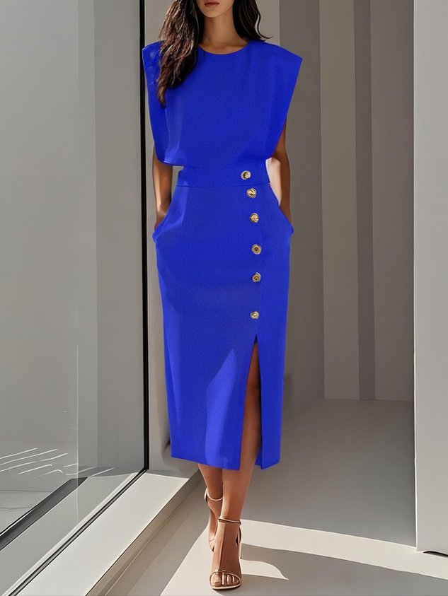 Women's Elegant Button Detail Midi Dress