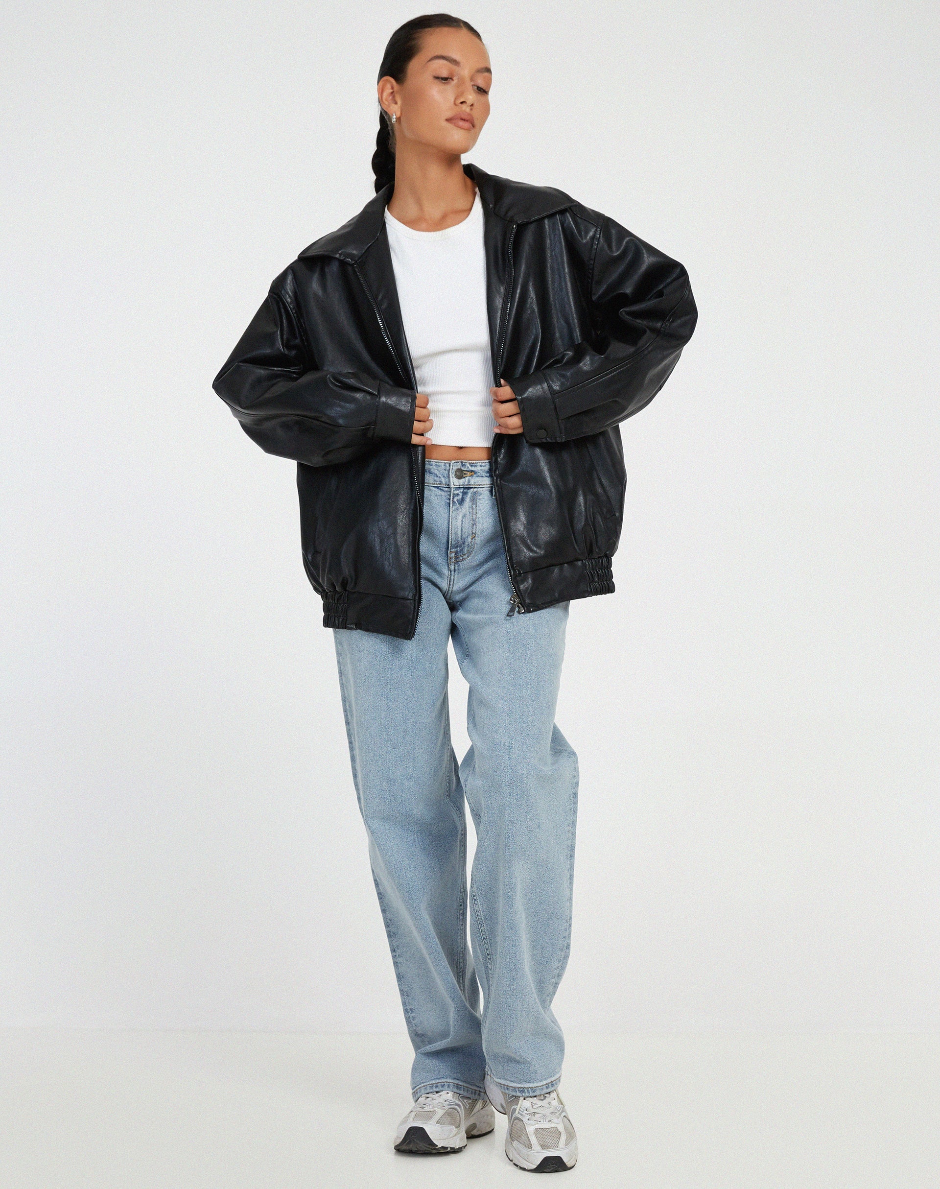 Women's Oversized Faux Leather Bomber Jacket